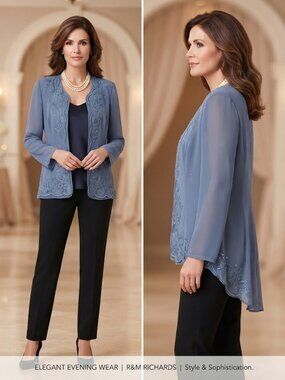 R&M Richards Dusty Blue Embroidered Sequined Long Sleeve Jacket Blouse Size 12